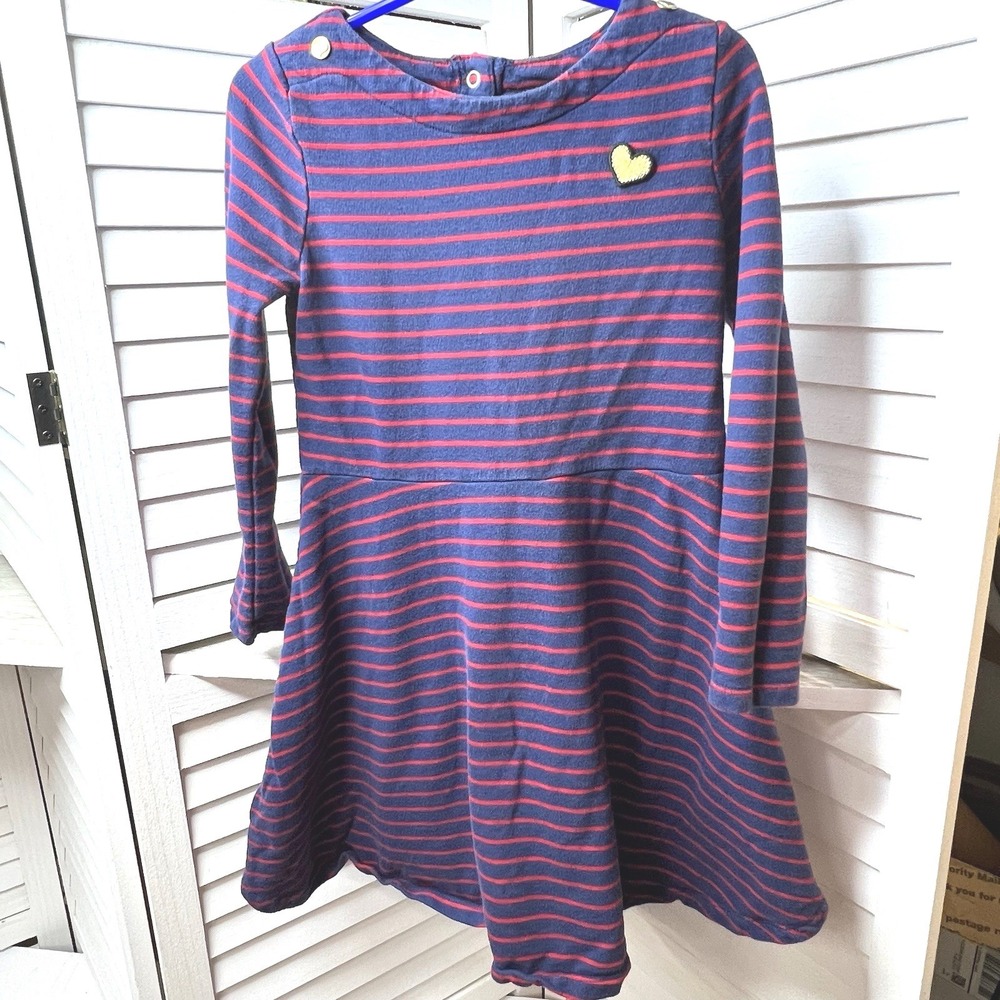 OshKosh B'gosh Girls Dress 5T Navy Red Stripe‎ Long Sleeve Heart Patch